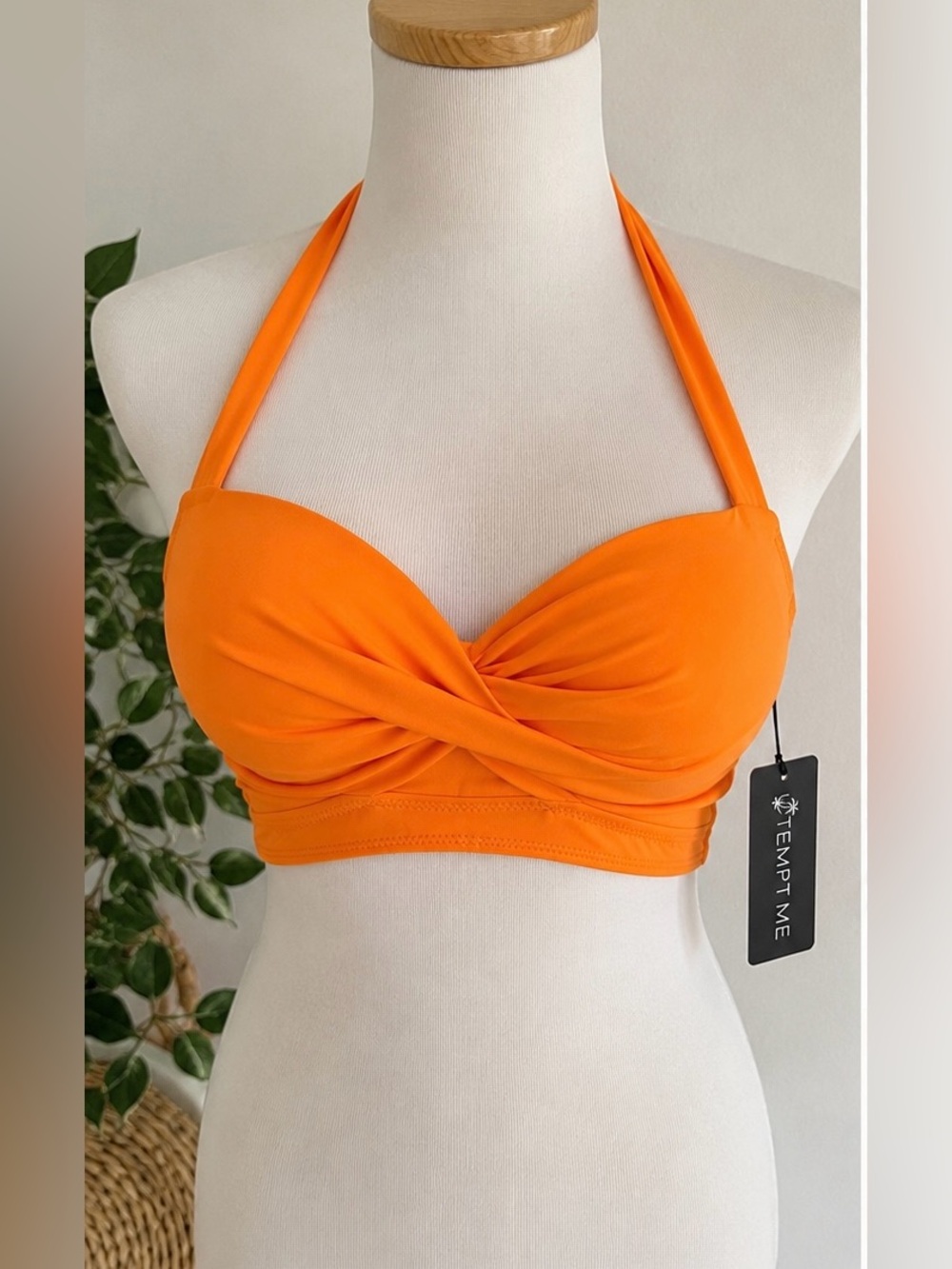 NWT TEMPT ME Orange Halter Bikini Top Size SMALL Twist Front